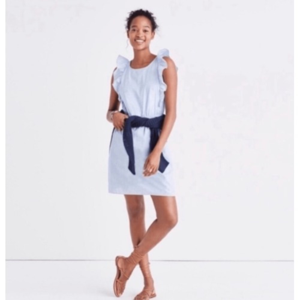 Madewell Dress Bellflower Women  0 Blue‎ Chambray Sleeveless Ruffle Button Back